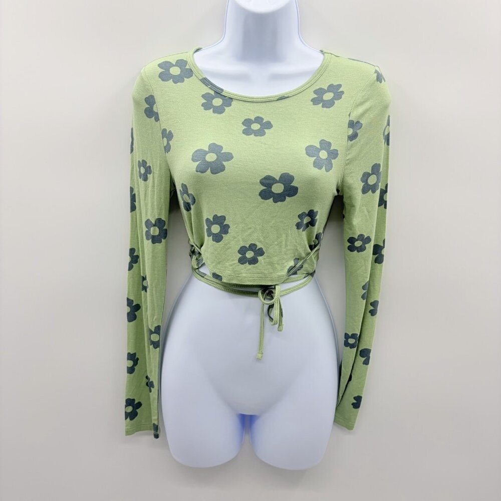 PACSUN PAC Cares Juniors Small Long Sleeve Crop Tee with Tie Green Floral 2362